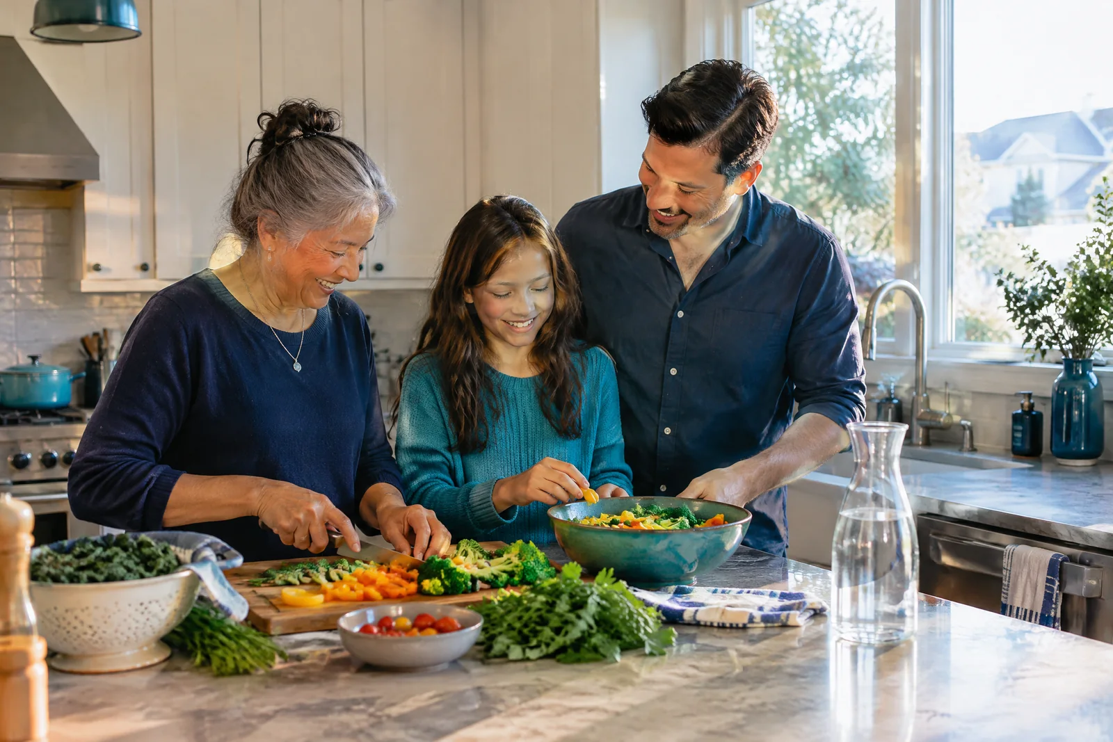 A family cooking together in a bright Chicagoland kitchen