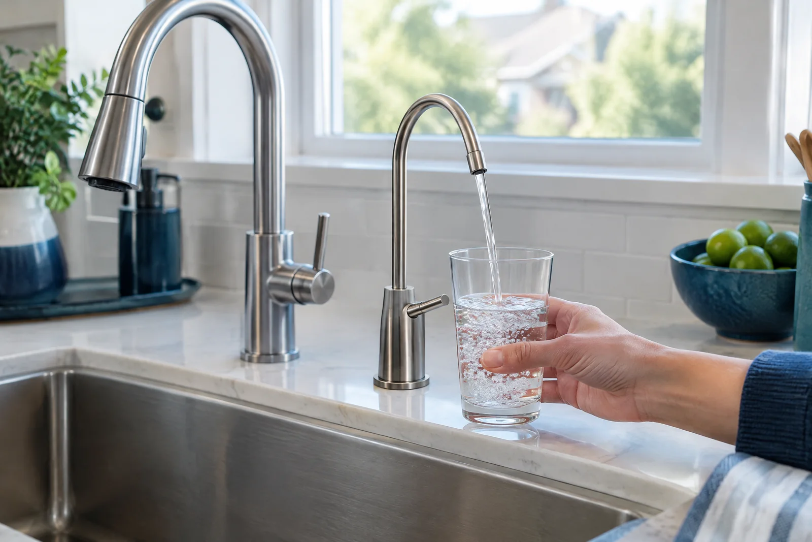 A dedicated reverse-osmosis drinking-water spigot filling a glass beside a separate main kitchen faucet