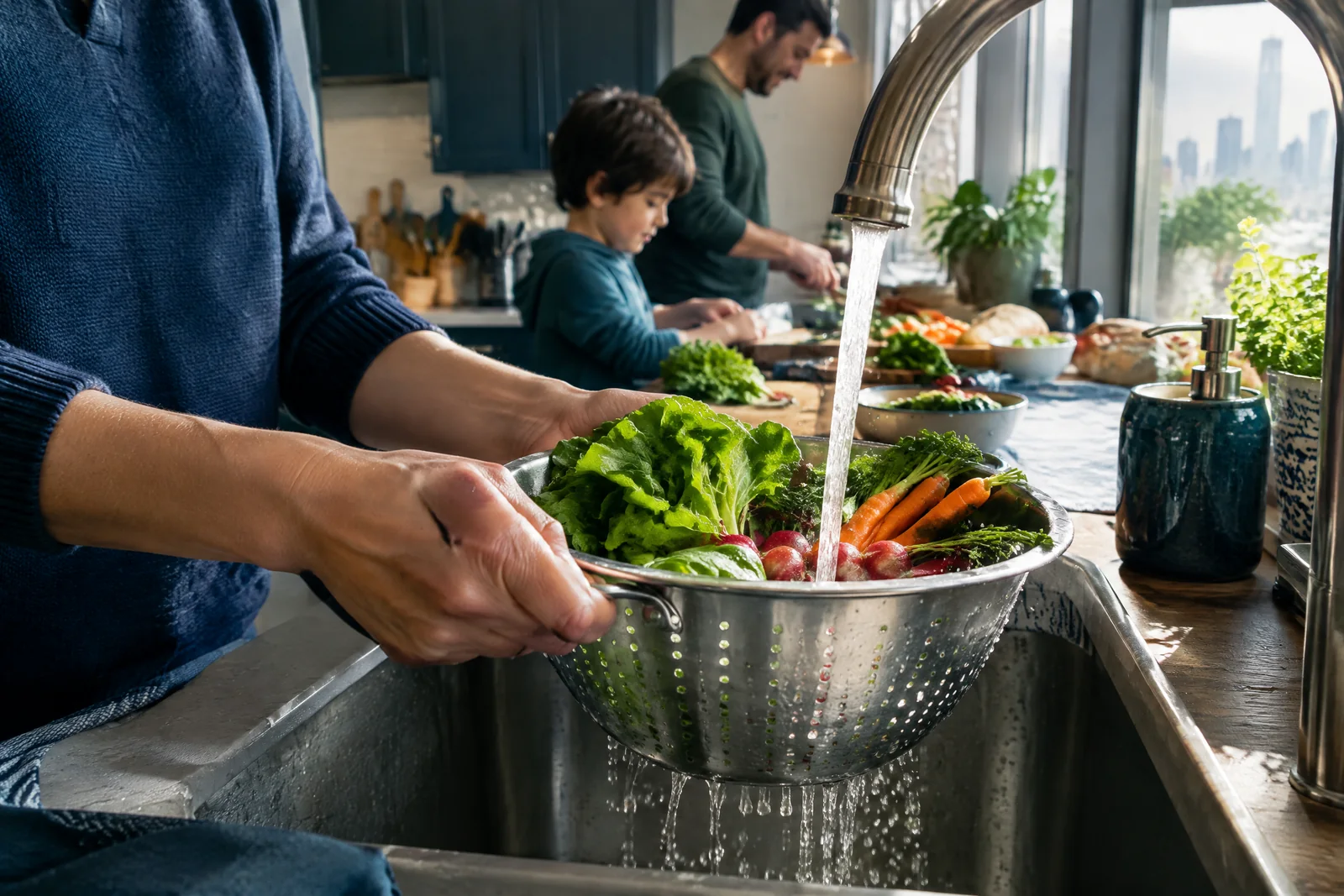 Fresh vegetables being rinsed in a colander during family meal preparation