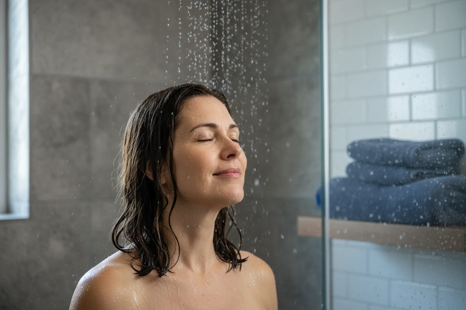 A homeowner enjoying a shower in a clean residential bathroom