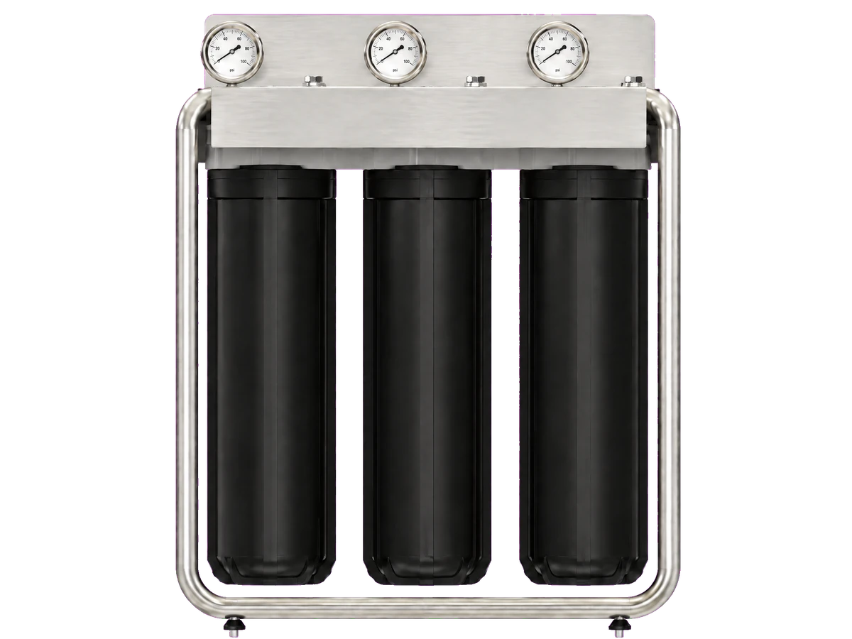 Whole-home multi-cartridge water filtration assembly with pressure gauges