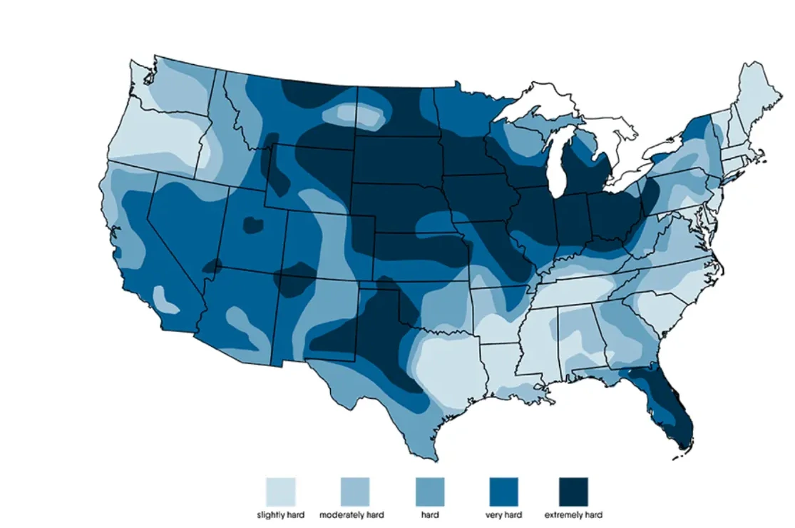 United States map showing broad variation in general hard-water conditions by region